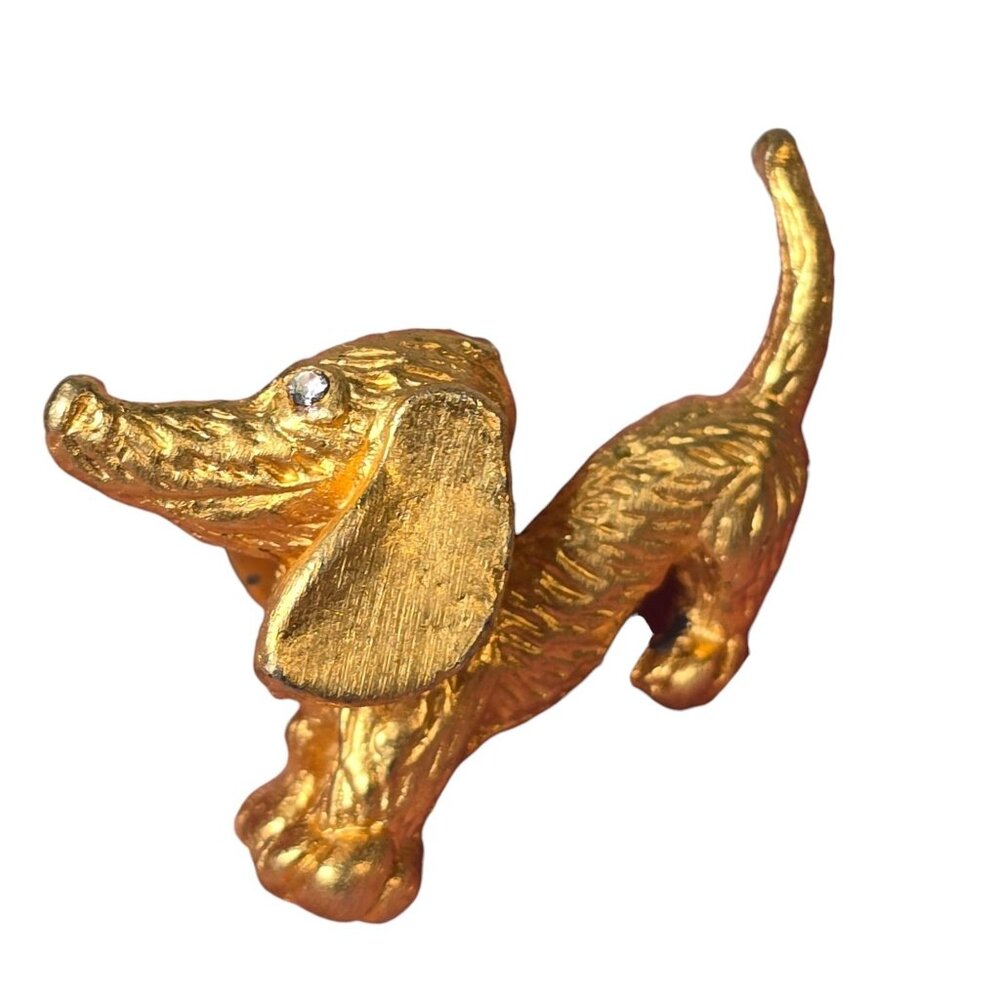 Vintage Gold Tone Dachshund Dog Lapel Pin Tie Tack Rhinestone Eyes Puppy Brooch
